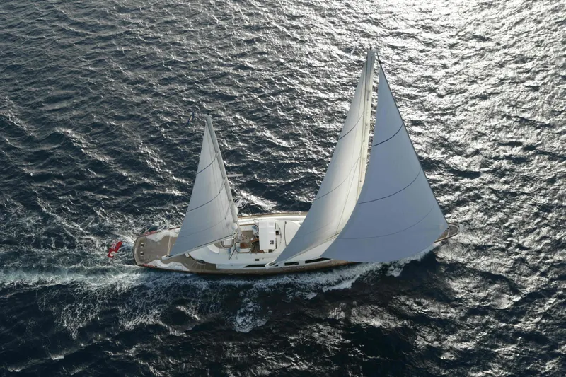 Tamsen Yacht Photos Pics Aerial view of 2007 Perini Navi 52M sailing yacht on open sea.