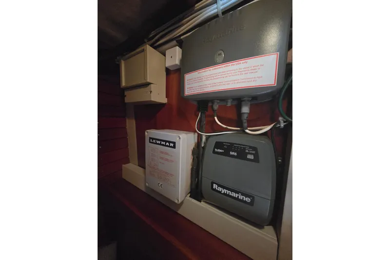 Georgia B Yacht Photos Pics Electrical panel on 2000 Hallberg-Rassy 42F Mk II yacht with Raymarine and Lewmar equipment.