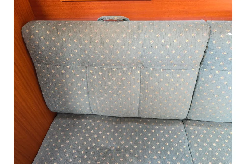 Georgia B Yacht Photos Pics Blue patterned upholstery on Hallberg-Rassy 42F Mk II yacht, 2000 model.