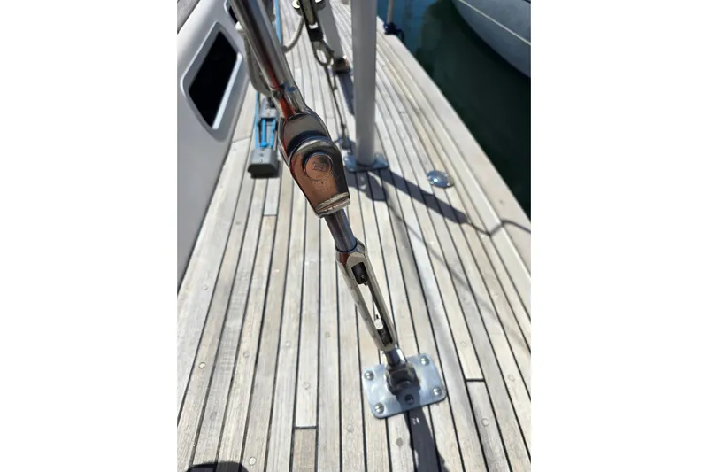 Georgia B Yacht Photos Pics Deck of 2000 Hallberg-Rassy 42F Mk II sailboat with stainless steel rigging detail.