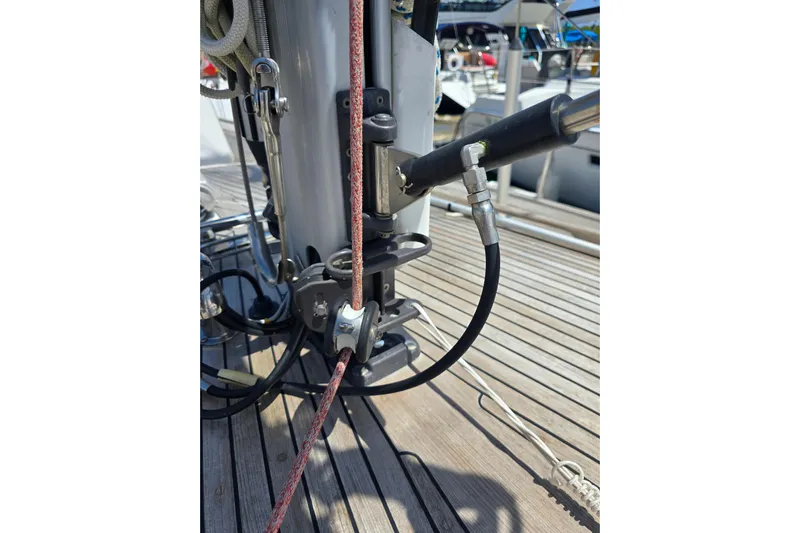 Georgia B Yacht Photos Pics Close-up of Hallberg-Rassy 42F Mk II sailboat rigging and deck, 2000 model.