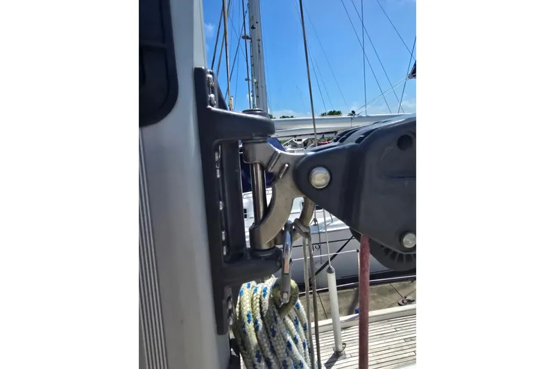 Georgia B Yacht Photos Pics Close-up of Hallberg-Rassy 42F Mk II sailboat rigging, showcasing ropes and hardware, 2000 model.