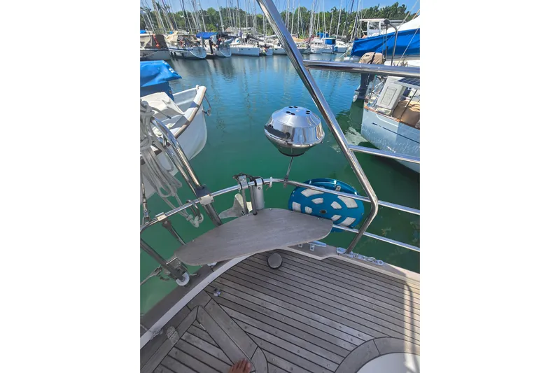 Georgia B Yacht Photos Pics Deck view of 2000 Hallberg-Rassy 42F Mk II yacht in marina setting.