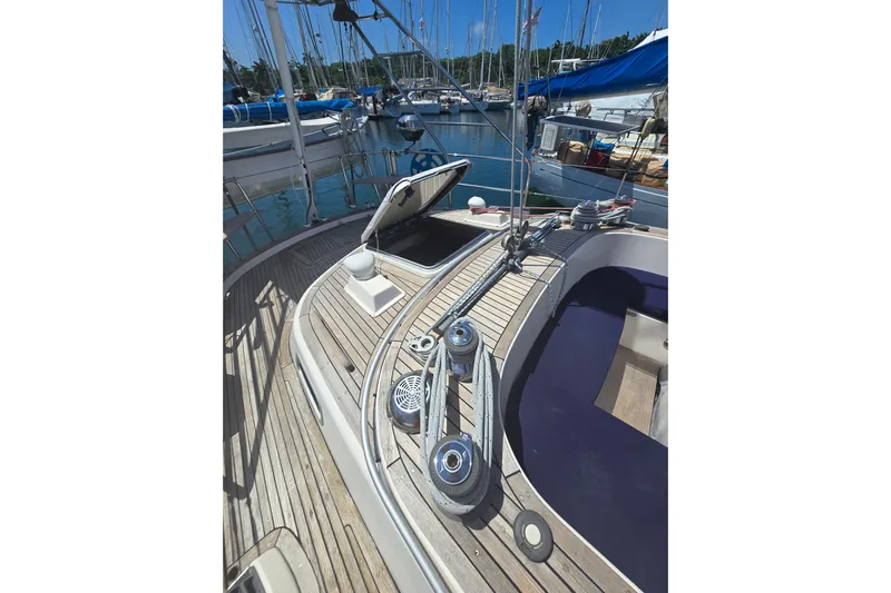 Georgia B Yacht Photos Pics Deck view of 2000 Hallberg-Rassy 42F Mk II yacht in marina.