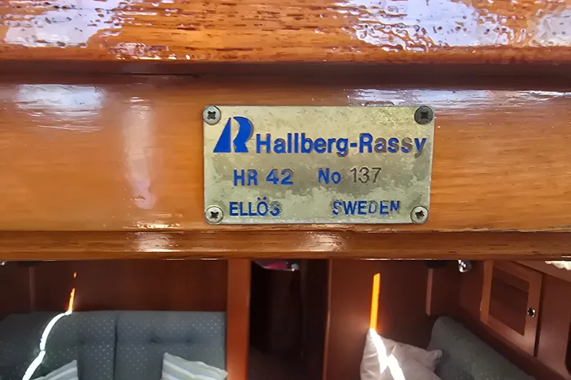 Georgia B Yacht Photos Pics Plaque on Hallberg-Rassy 42F Mk II, 2000, displaying model and serial number.