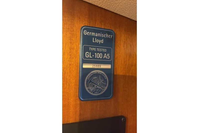 Georgia B Yacht Photos Pics Germanischer Lloyd certification plaque on Hallberg-Rassy 42F Mk II, 2000 model yacht.