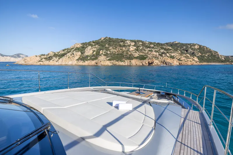  Yacht Photos Pics 2024 Filippetti F100 yacht deck with scenic ocean and island view.