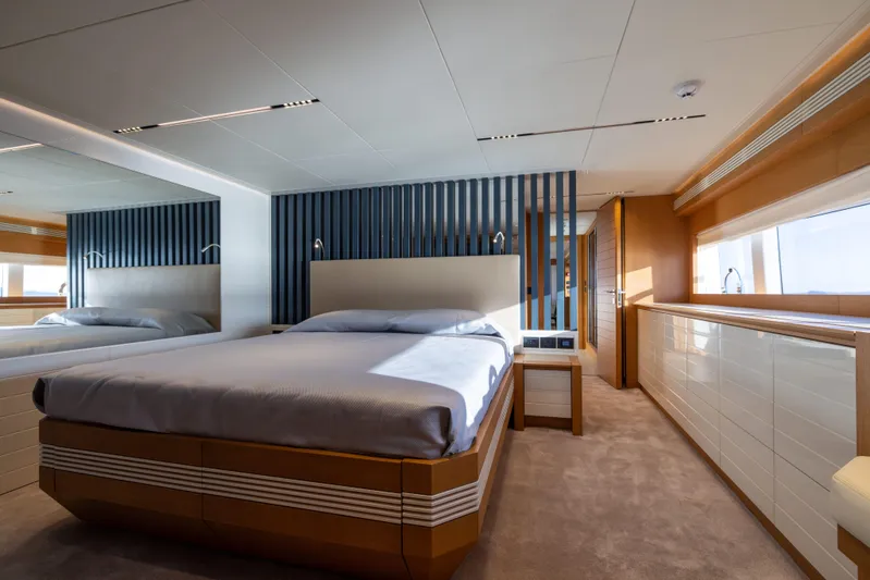  Yacht Photos Pics Luxurious bedroom interior of 2024 Filippetti F100 yacht with modern design and elegant furnishings.