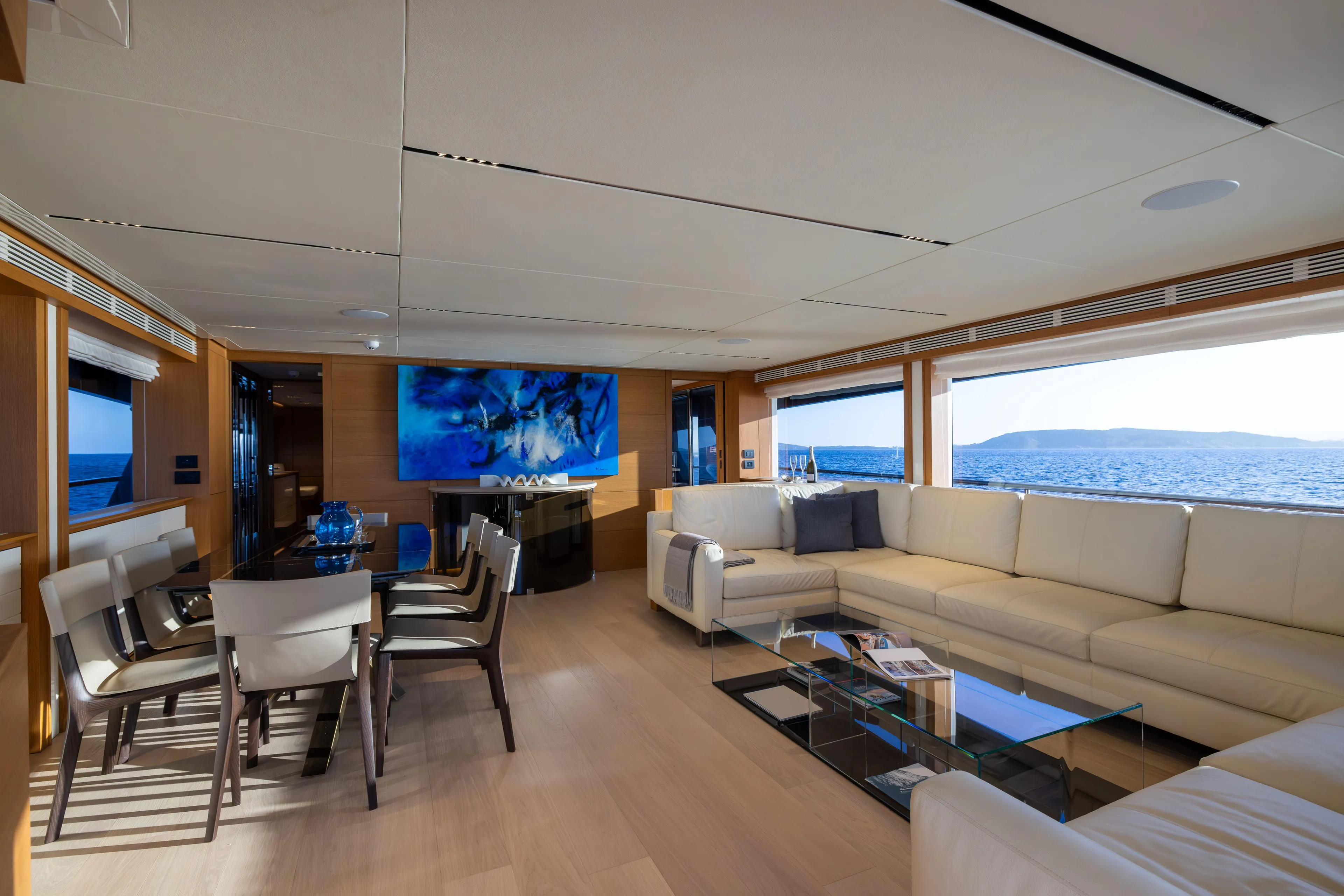  Yacht Photos Pics Luxurious interior of 2024 Filippetti F100 yacht with elegant seating and ocean view.