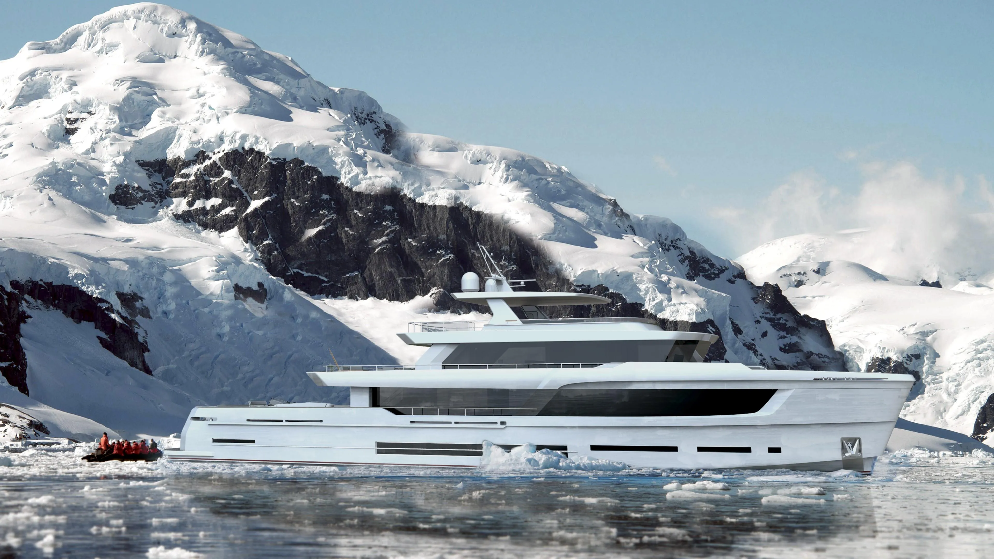 2023 Explorer Ice Class yacht navigating icy waters with snowy mountain backdrop.