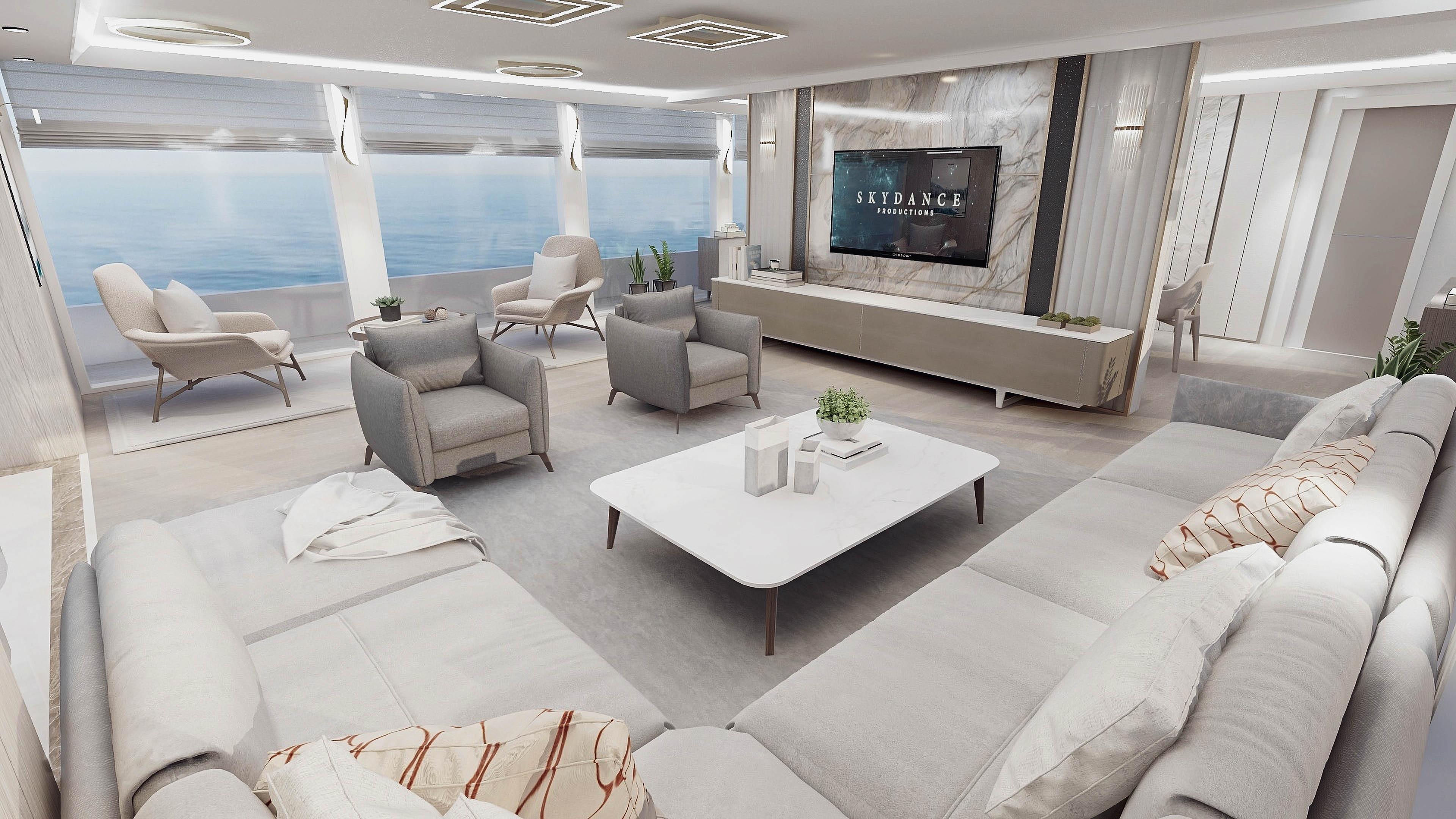 Luxurious 2023 Explorer Ice Class yacht interior with modern seating and ocean view.