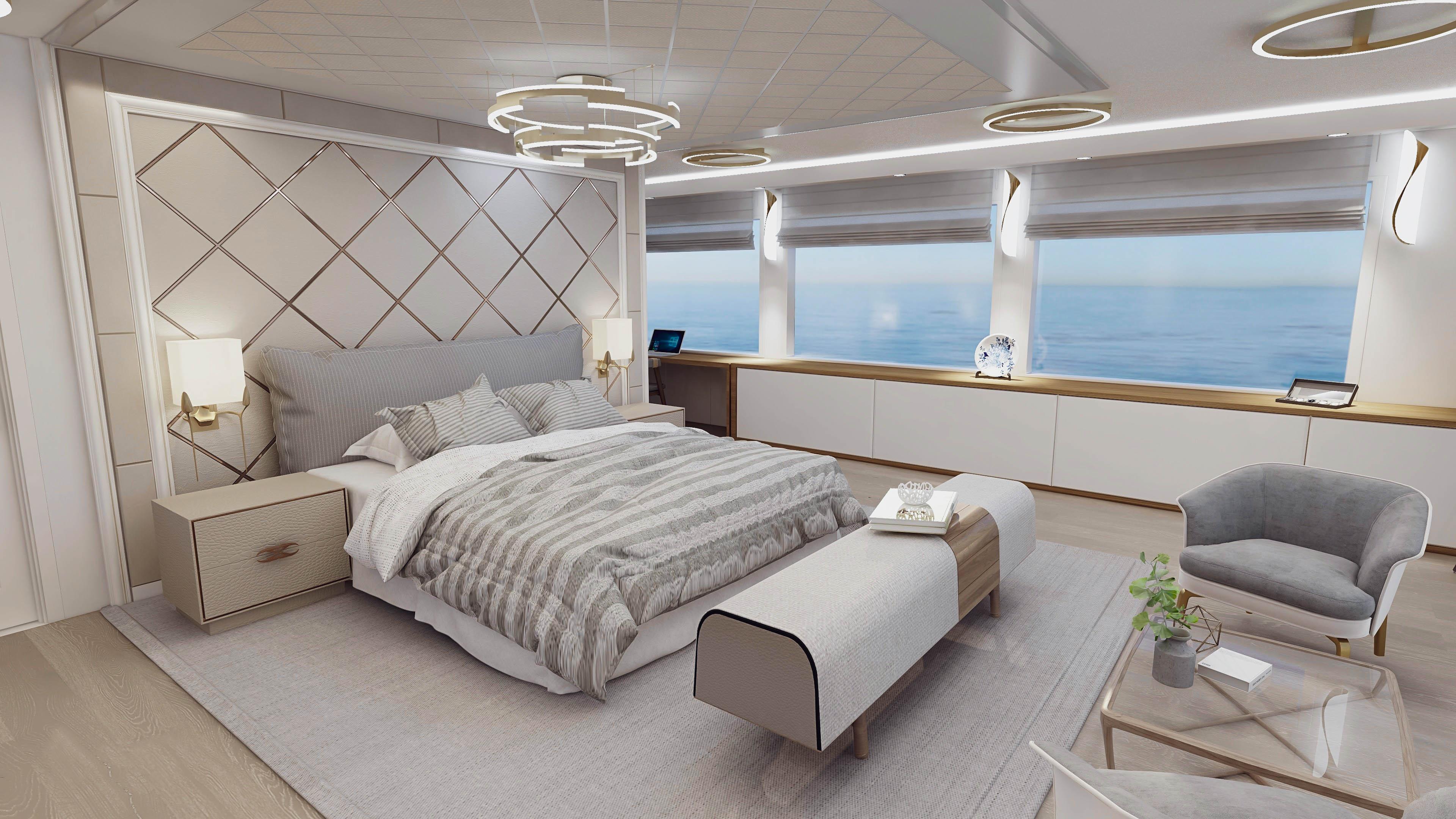 Luxurious 2023 Explorer Ice Class bedroom with ocean view, modern decor, and elegant furnishings.