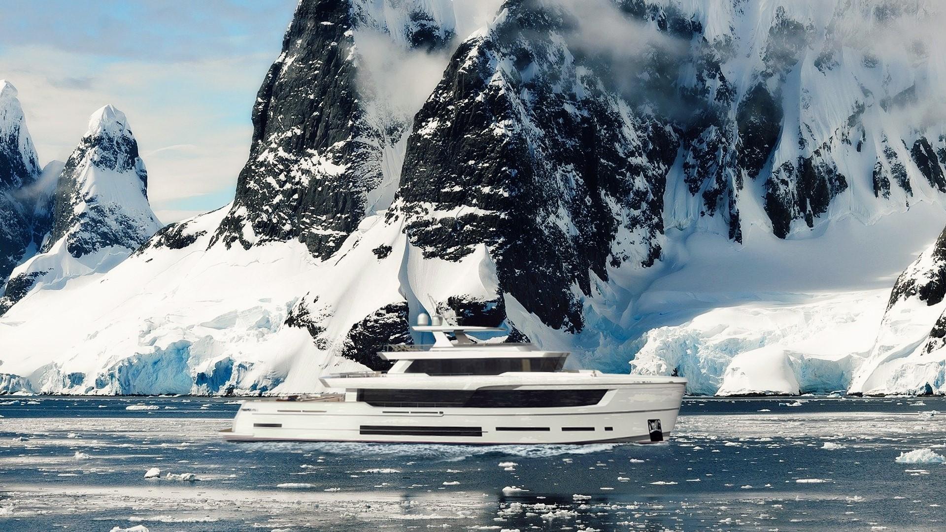 2023 Explorer Ice Class yacht navigating icy waters with towering snow-covered mountains.
