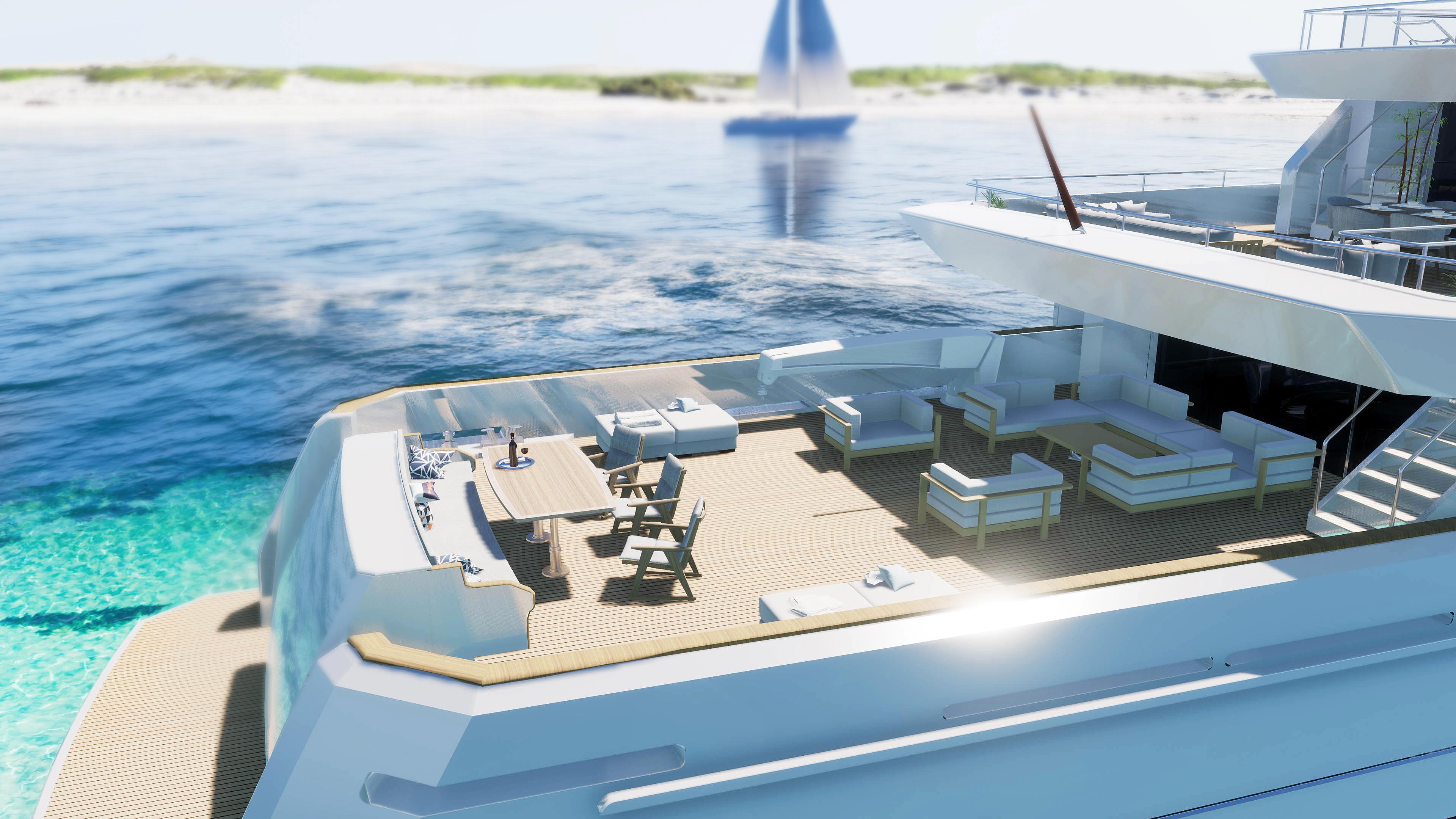 Luxurious 2023 Explorer Ice Class yacht with spacious deck, ocean view, and modern seating.