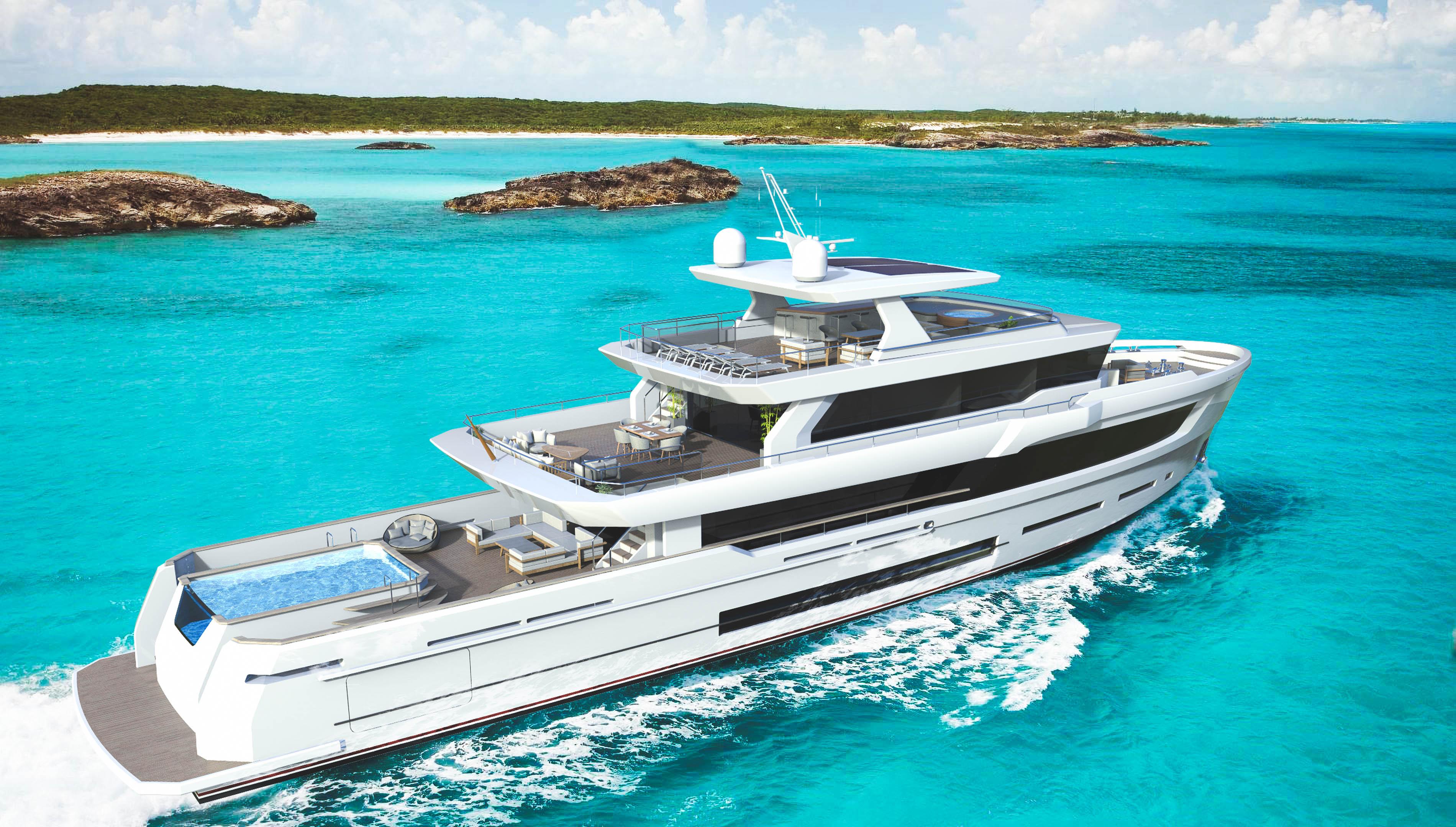 Luxurious 2023 Explorer Ice Class yacht cruising in turquoise waters near scenic islands.