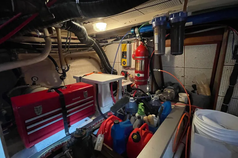 Mercator Yacht Photos Pics Engine room of a 1985 Grand Banks 42 Classic with tools and equipment.