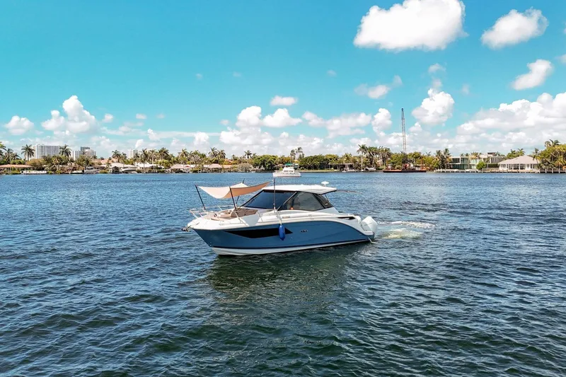 Lady Iryna Yacht Photos Pics 2022 Sea Ray Sundancer 320 Outboard cruising on a sunny day with palm trees in the background.