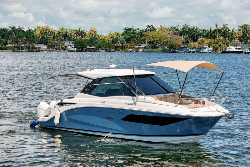 Lady Iryna Yacht Photos Pics 2022 Sea Ray Sundancer 320 Outboard cruising on a scenic lake with palm trees.