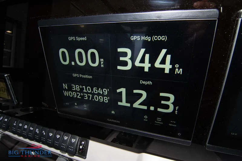  Yacht Photos Pics 2023 Jeanneau Leader 10.5 CC dashboard displaying GPS speed, heading, and depth.