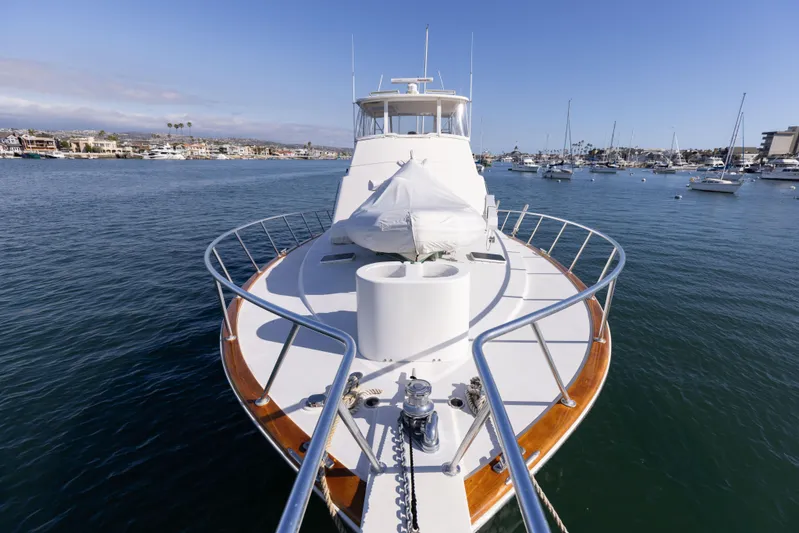 Lucky Marlin Yacht Photos Pics 1987 Ocean Yachts Convertible on calm water, showcasing sleek design and spacious deck.