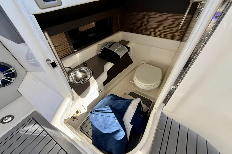 Yacht Photos Pics 2021 Sea Ray SLX 310 Outboard cabin interior with sink and toilet.