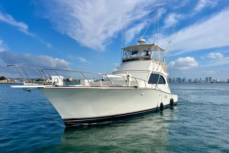 Precision Fisher Yacht Photos Pics 1988 Post 46 Sportfish yacht on calm water with city skyline in background.