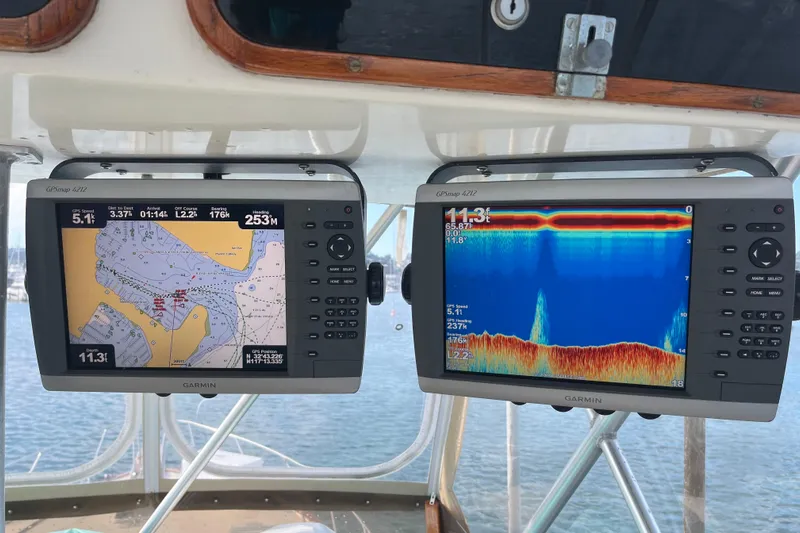 Precision Fisher Yacht Photos Pics Garmin GPS and sonar displays on a 1988 Post 46 Sportfish boat.