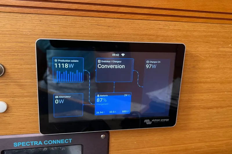 Saba Yacht Photos Pics Control panel on 2013 Jeanneau 57 yacht displaying solar energy production and battery status.