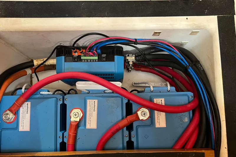 Saba Yacht Photos Pics Electrical system of a 2013 Jeanneau 57 yacht with batteries and wiring.