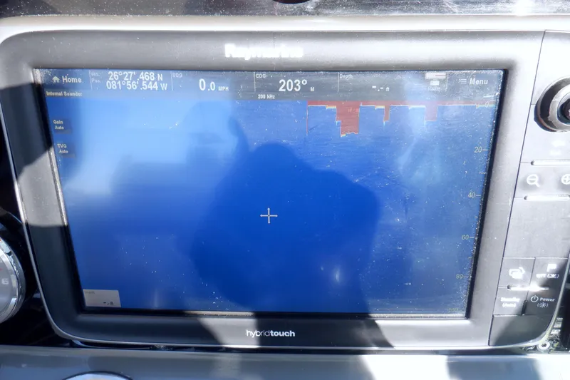 Ship Faced Yacht Photos Pics Raymarine HybridTouch display on 2015 Formula 350 Crossover Bowrider showing navigation data.