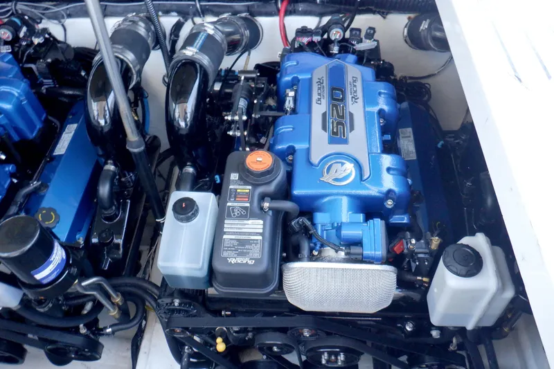 Ship Faced Yacht Photos Pics Engine compartment of a 2015 Formula 350 Crossover Bowrider, featuring a powerful 520 engine.