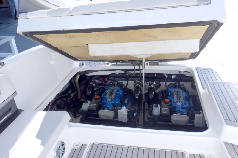 Ship Faced Yacht Photos Pics 2015 Formula 350 Crossover Bowrider engine compartment with dual engines visible.