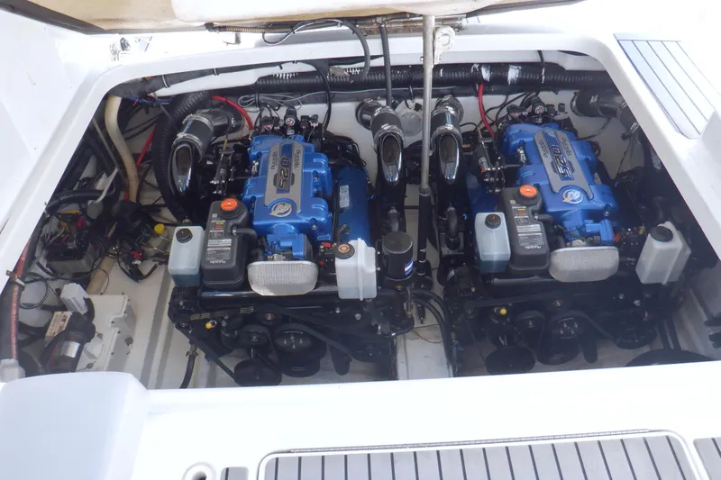Ship Faced Yacht Photos Pics 2015 Formula 350 Crossover Bowrider engine compartment with twin blue engines.
