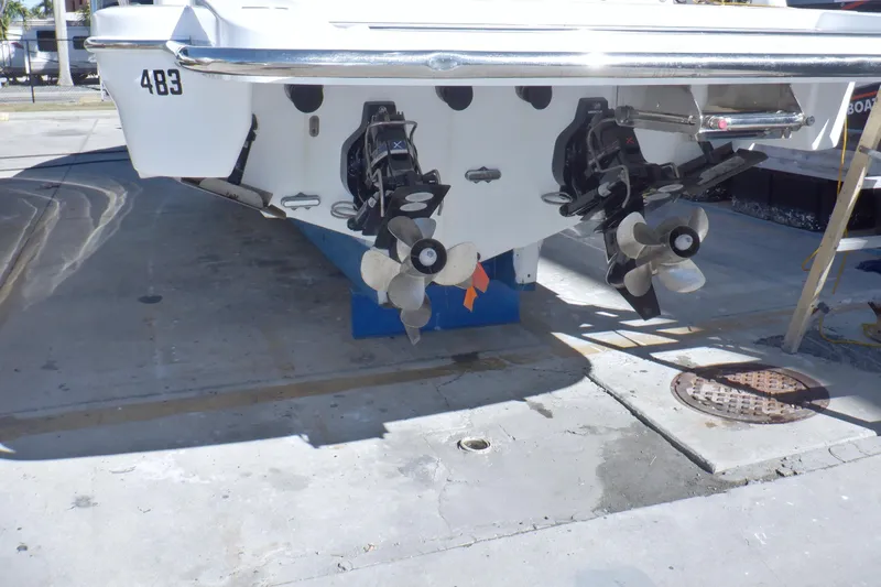 Ship Faced Yacht Photos Pics 2015 Formula 350 Crossover Bowrider boat with dual propellers on dry dock.