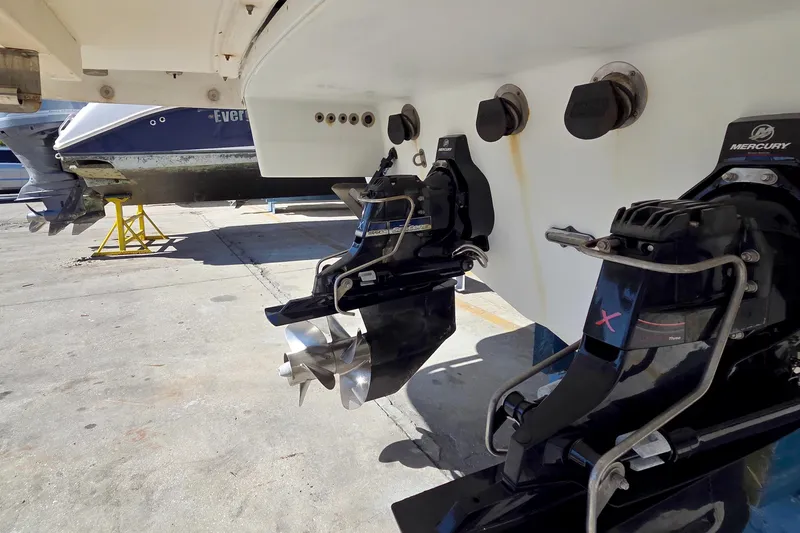 Ship Faced Yacht Photos Pics 2015 Formula 350 Crossover Bowrider with Mercury outboard engines in a boatyard.