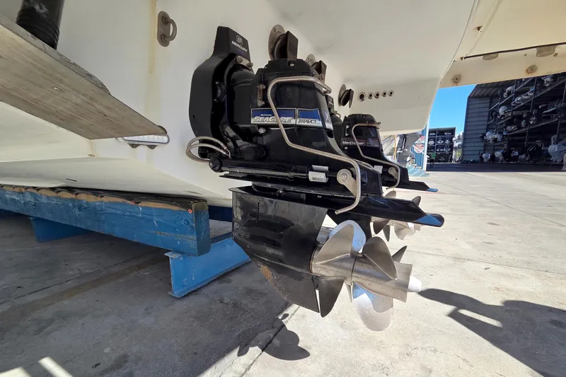 Ship Faced Yacht Photos Pics 2015 Formula 350 Crossover Bowrider with dual propellers in a marina setting.