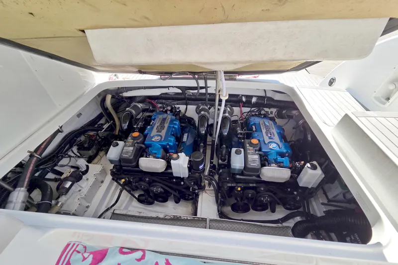 Ship Faced Yacht Photos Pics Engine compartment of a 2015 Formula 350 Crossover Bowrider with dual engines.