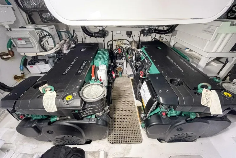  Yacht Photos Pics Engine room of a 2022 Princess V50 yacht with Volvo Penta engines.