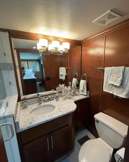  Yacht Photos Pics Modern bathroom in a 2015 Stardust Cruisers 20' x 106' houseboat.