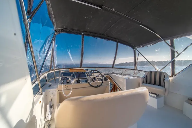 Restless II Yacht Photos Pics Interior view of 2007 Navigator Classic 48 yacht cockpit with steering wheel and seating.