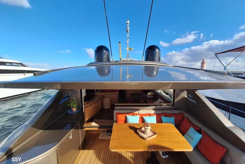  Yacht Photos Pics Luxurious 2008 Pershing 72 yacht deck with seating, table, and vibrant cushions under a clear blue sky.