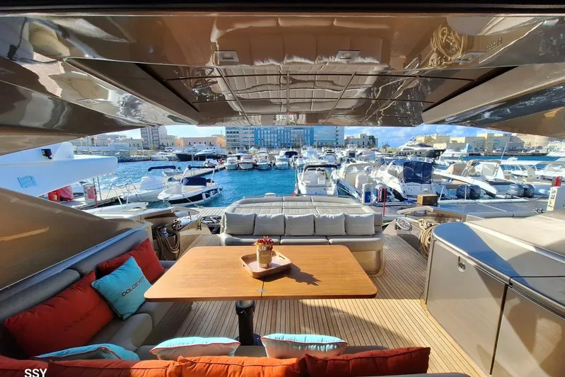  Yacht Photos Pics Luxurious 2008 Pershing 72 yacht interior with marina view, featuring elegant seating and table.