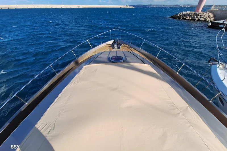  Yacht Photos Pics 2008 Pershing 72 yacht bow view on open water, showcasing sleek design and luxury.