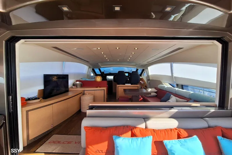  Yacht Photos Pics Luxurious interior of a 2008 Pershing 72 yacht with modern furnishings and panoramic windows.
