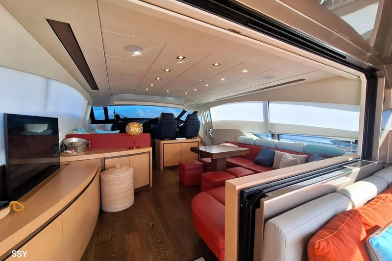  Yacht Photos Pics Luxurious interior of 2008 Pershing 72 yacht with modern furnishings and panoramic windows.