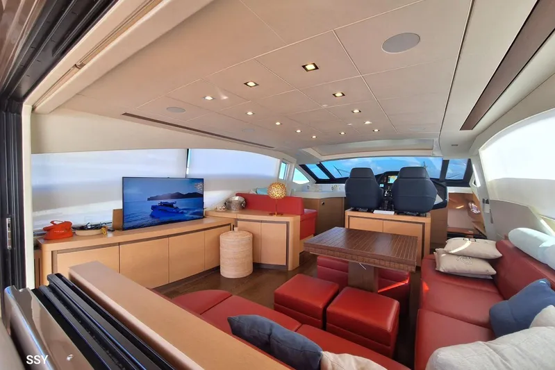  Yacht Photos Pics Luxurious interior of a 2008 Pershing 72 yacht with modern furnishings and panoramic windows.