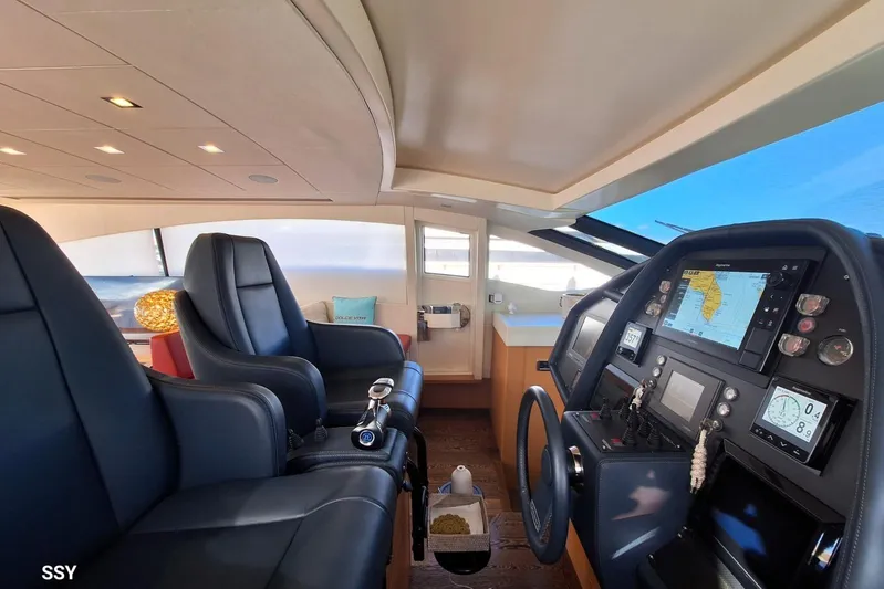  Yacht Photos Pics Luxurious 2008 Pershing 72 yacht cockpit with leather seats and advanced navigation system.