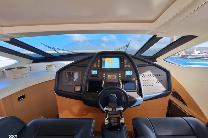  Yacht Photos Pics Cockpit of 2008 Pershing 72 yacht with modern navigation controls and panoramic windows.