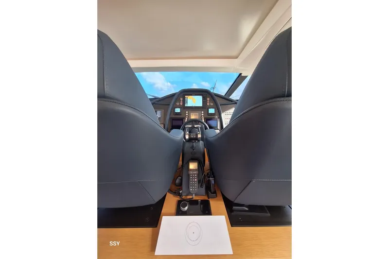  Yacht Photos Pics Interior cockpit view of 2008 Pershing 72 yacht, featuring modern navigation equipment.