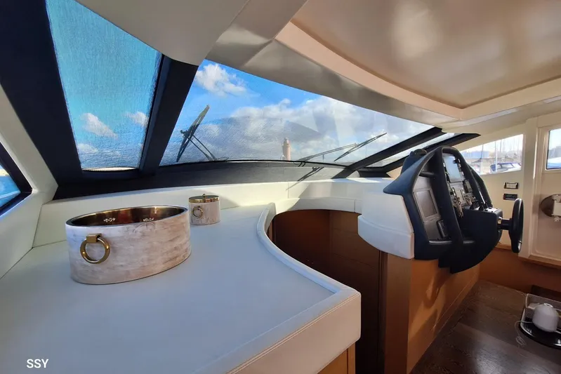 Yacht Photos Pics Interior of 2008 Pershing 72 yacht cockpit with modern design and panoramic windows.